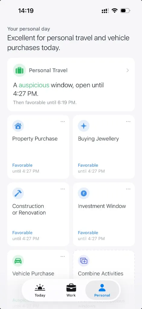 Personal tab: a grid of activities including Personal Travel, Property Purchase, Buying Jewellery, Construction or Renovation, Investment Window, Vehicle Purchase, and Combine Activities, each with its own rating.