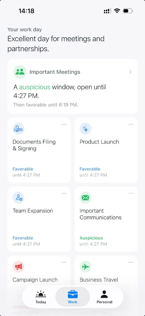Work tab: a grid of activities including meetings, filings, launches, and travel, each with its own rating.